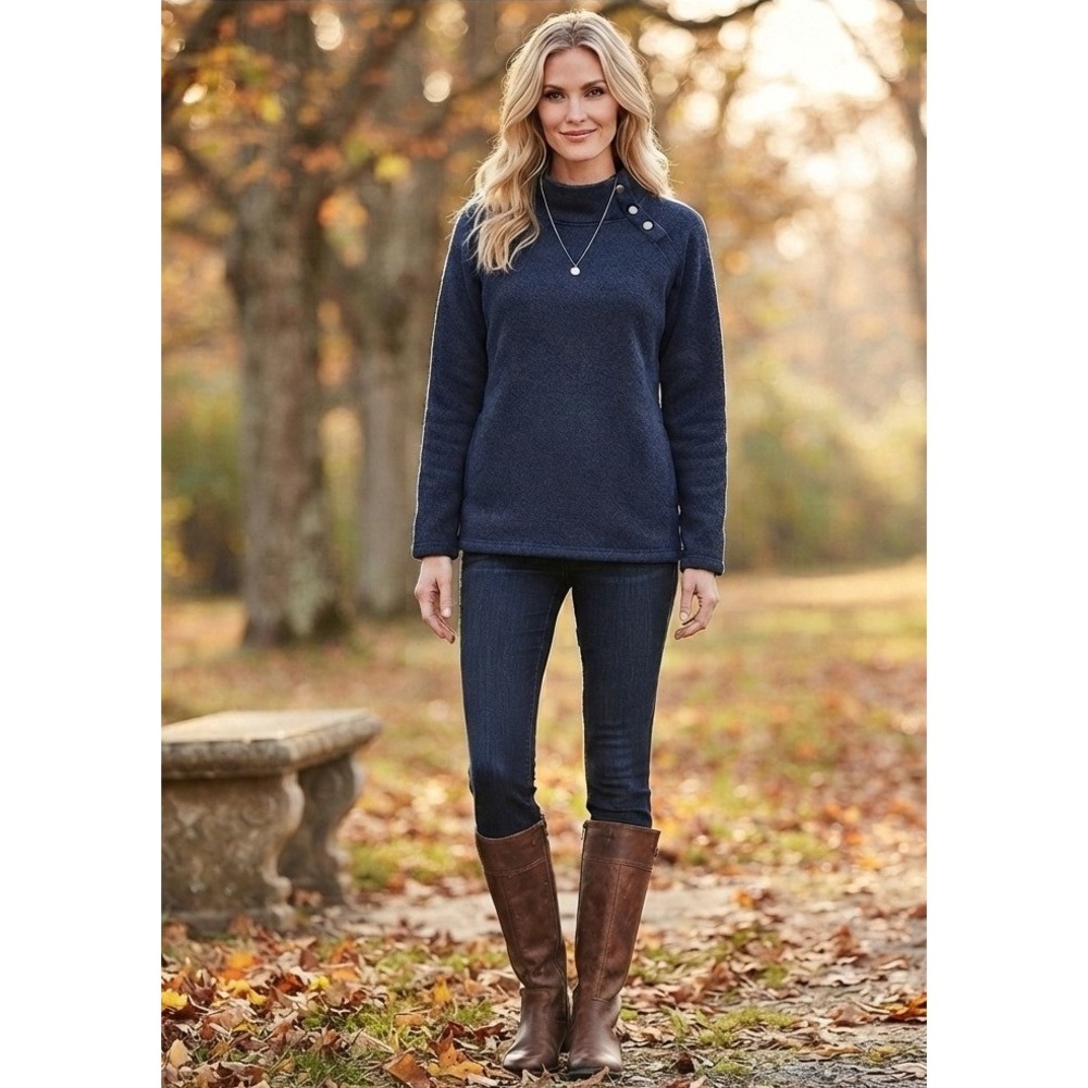 Eddie Bauer Mock Neck Snap Soft Knit Pullover Women 2XL Navy Raglan Sleeve EUC